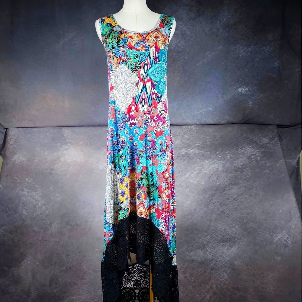 NWT Cupio Dress Bohemian Crochet Lace Trim High Low Hem Multi Color XL